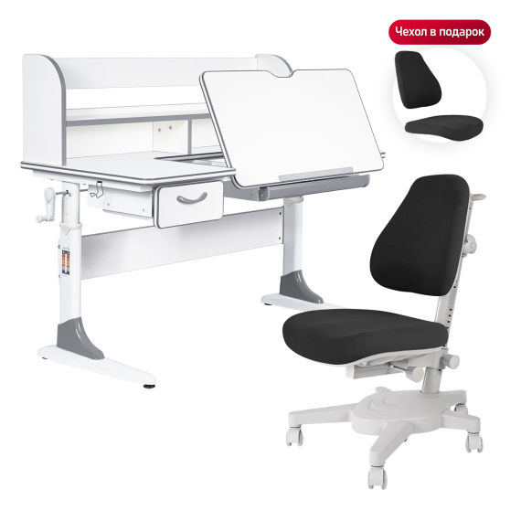 Комплект Anatomica Study-120 Lux парта + кресло + надстройка + органайзер + ящик белый/серый с черным креслом Armata